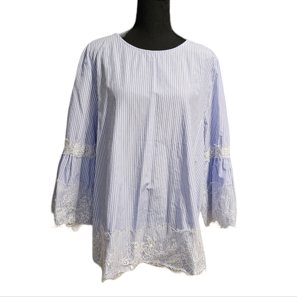 Elliott & Vine Stripped Lace Bell Sleeve Blouse 60% Cotton 40% Polyester Sz Unkn - Picture 1 of 11